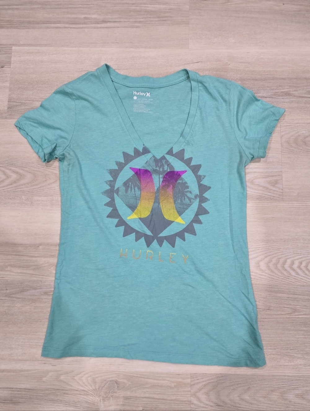 Hurley Teal V-Neck Graphic Short Sleeve Tshirt Size L